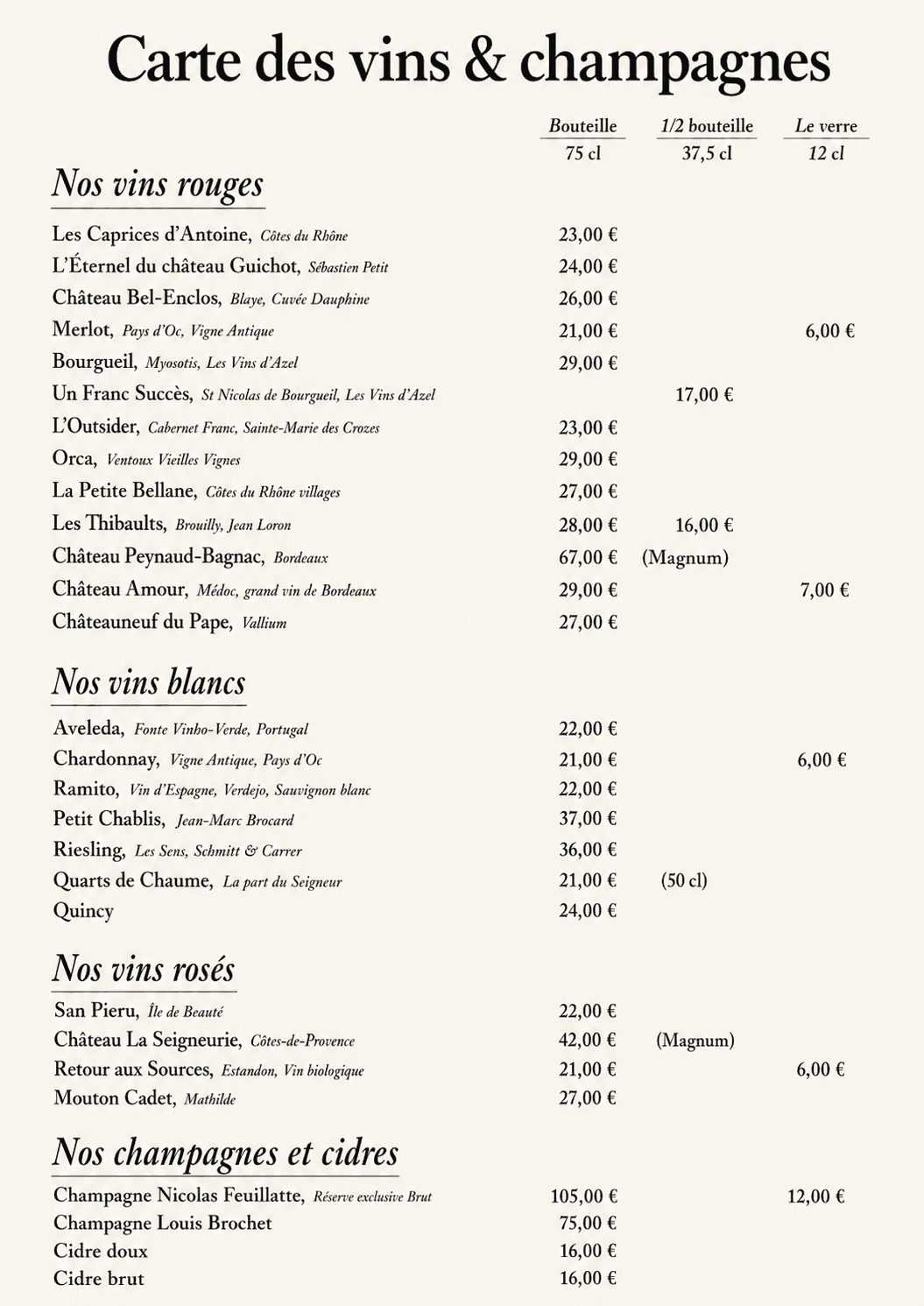 Carte complète des 28 vins, champagnes et cidres avec leurs formats et tarifs